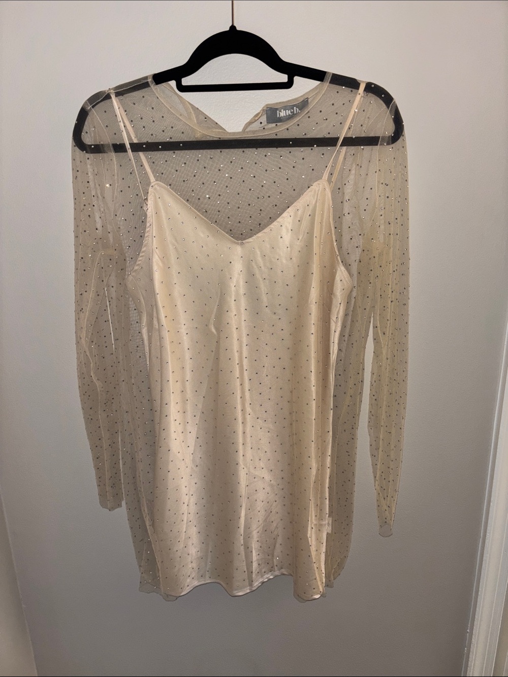 Olive + Oak Cream Satin Slip Dress with Sheer Polka Dot Overlay